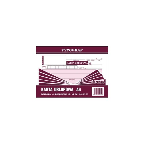 Karta urlopowa A6 Typograf 02305